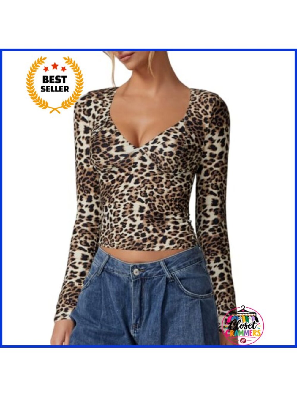 QINSEN Double Lined V Neck Long Sleeve Crop Top Seamed Cup